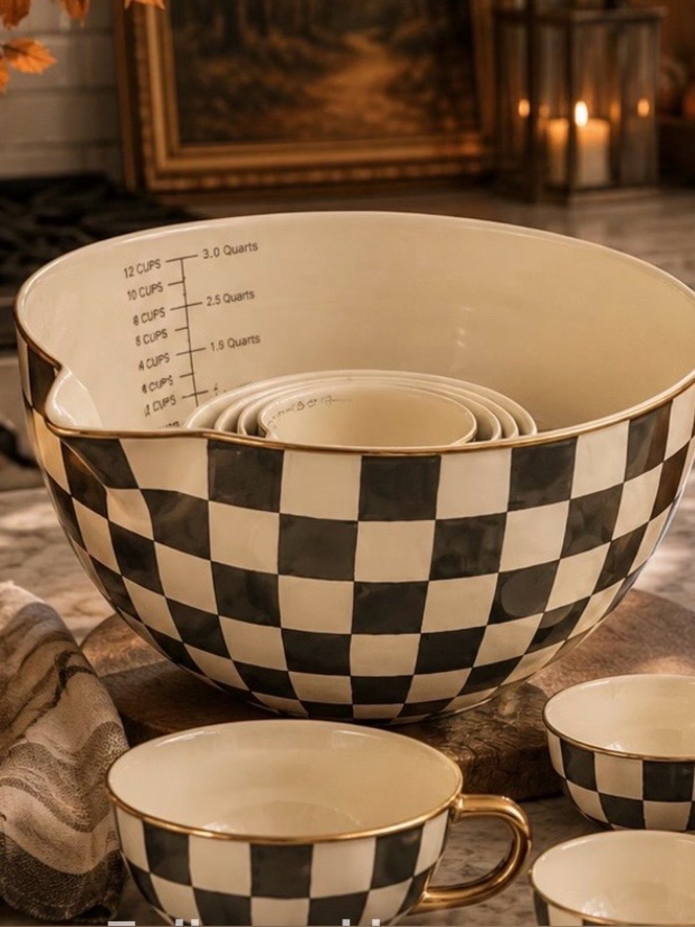 Thyme & Table Black Check 5-Piece Ceramic Mixing Bowl & Measuring Cup Set